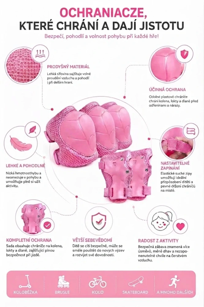 Dětská bezpečnostní sada chráničů na kolo, brusle a koloběžku (3–8 let) – růžová