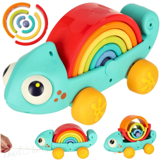 MONTESSORI NAUČNÁ HRAČKA JEZDÍCÍ CHAMELEON S PYRAMIDOU DUHA