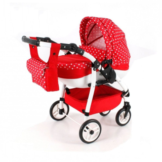 Kočárek pro panenku Jasmine Kids OK12 s otočnými koly červený