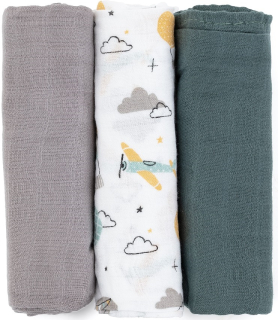 PETITE&MARS Sada plen bambusová mušelínová 3ks Moussy Grey Planes, 68 x 68 cm _soft