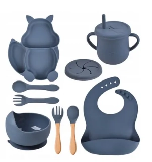 Jídelní silikonová sada 9-dílná pro děti VEVERKA tmavě modrá