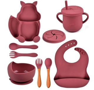 Jídelní silikonová sada 9-dílná pro děti VEVERKA tmavě růžová
