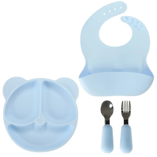 Jídelní silikonová sada 4-dílná pro děti MEDVÍDEK světle modrá