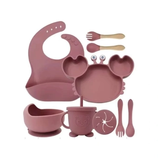 Jídelní silikonová sada 9-dílná pro děti KRAB tmavě růžová