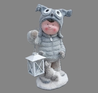 Dekorace- Kluk v čapce s LED lucernou 41cm