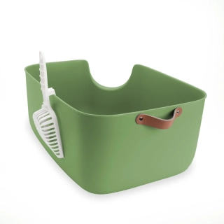 Carinio ROH otevřená toaleta pro kočky s koženou rukojetí a lopatkou - zelený