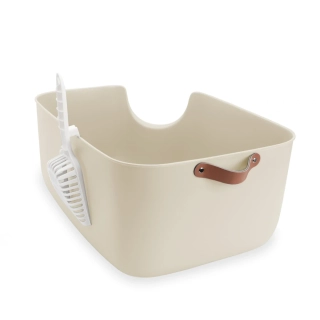 Carinio ROH otevřená toaleta pro kočky s koženou rukojetí a lopatkou - béžová