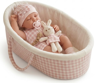 Realistická panenka miminko Lovely Baby 38cm v látkovém nosítku s králíčkem - růžová