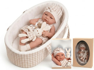 Realistická panenka miminko Lovely Baby 38cm v látkovám nosítku s králíčkem - béžová